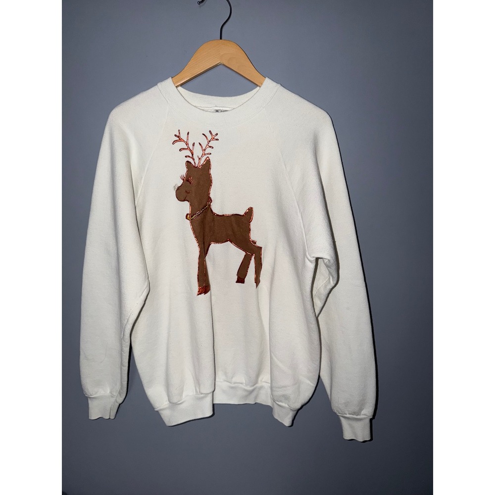 Vintage Fruit of the Loom Reindeer Sweatshirt XL Cream White 90s Made in USA